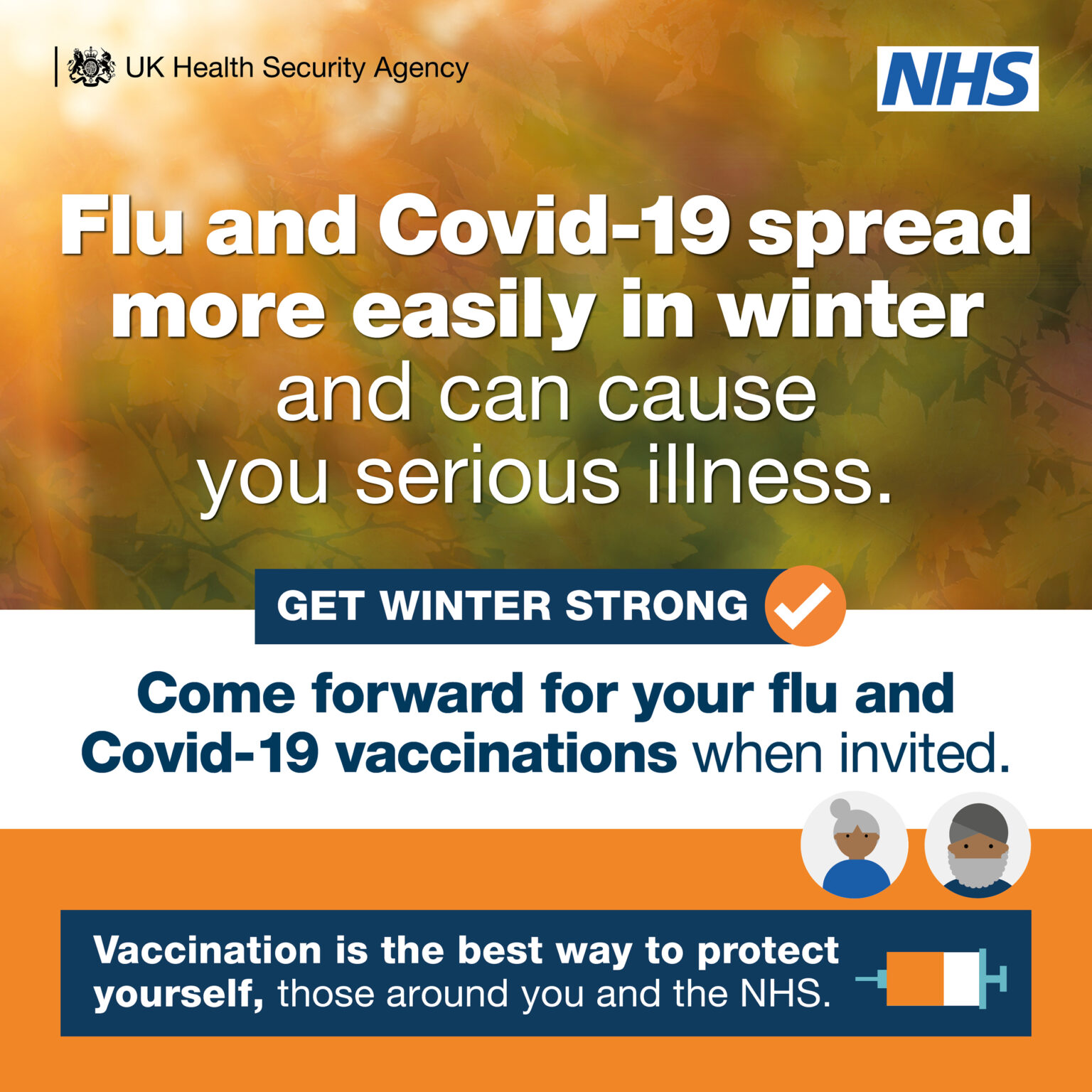 Flu and covid-19 spread more easily in winter and can cause you serious illness. come forward for your flue and covid-19 vaccinations when invited. Vaccination is the best way to protect yourself, those around you and the NHS